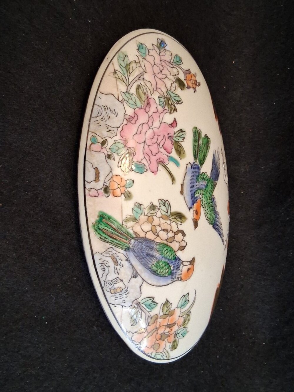 VTG Made in China Chinoiserie Ceramic Oval Trinket Box Bird & Floral Gold Accent - Picture 6 of 13